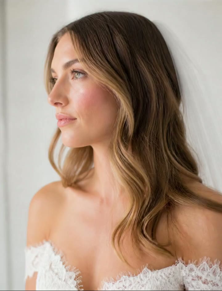 Bride with soft waves and dewy natural makeup
