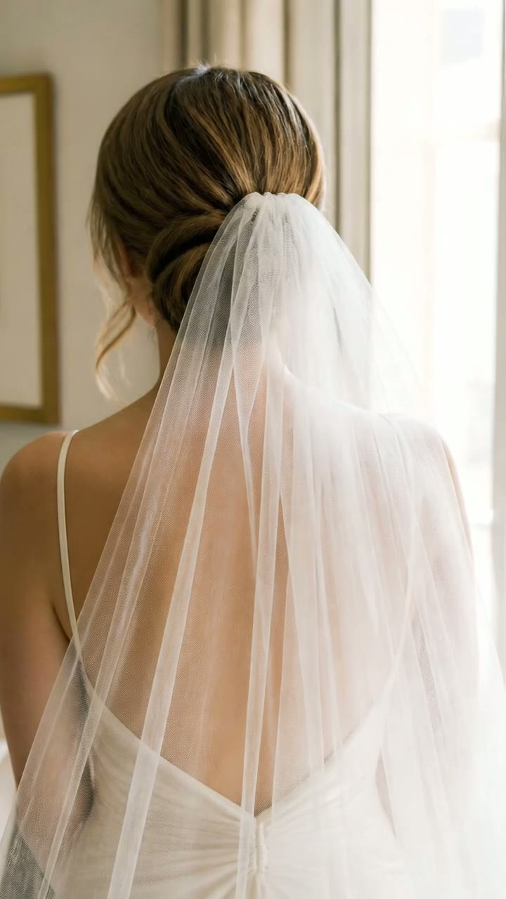 Bride seen from behind in a long veil by a tall window